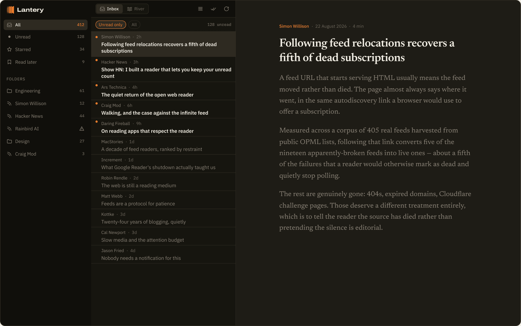 The Lantery reader: a sidebar of subscriptions with unread counts, a dense list of articles, and the selected article opened alongside.